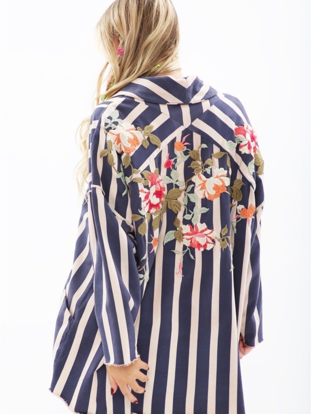 Aratta Navy and Cream Striped Tunic with Floral Embroidery